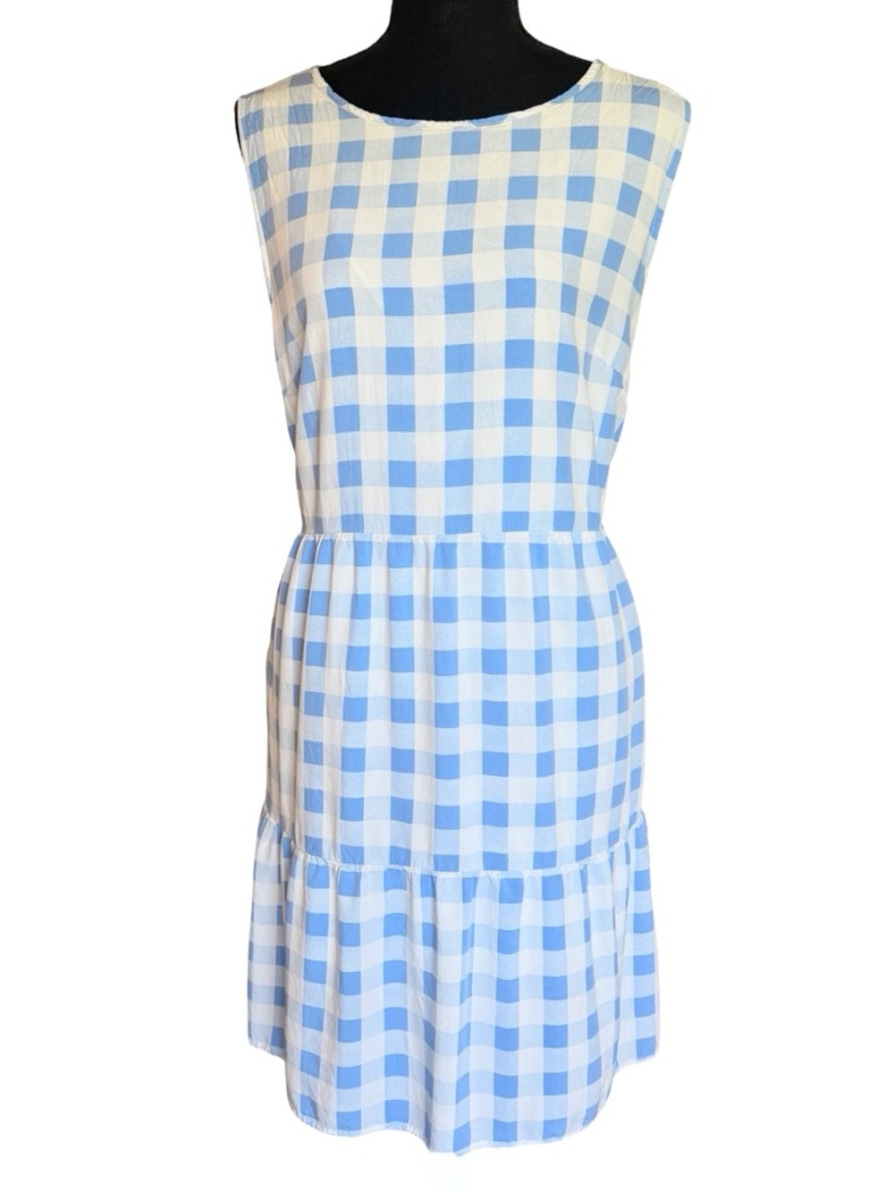 Blue and White Gingham Tiered Ruffle Sleeveless Dress Size 2XL Cottage